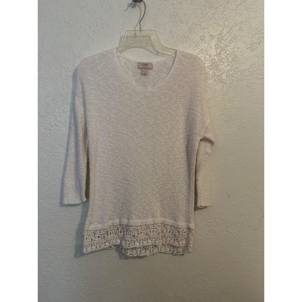LOFT Womens Ivory V-Neck Knit Sweater Crochet Lace Hem 3/4 Sleeve Size S